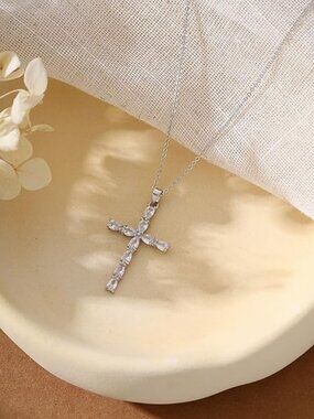 14K Gold CZ Cross Necklace Dainty Faith Pendant Women Gift